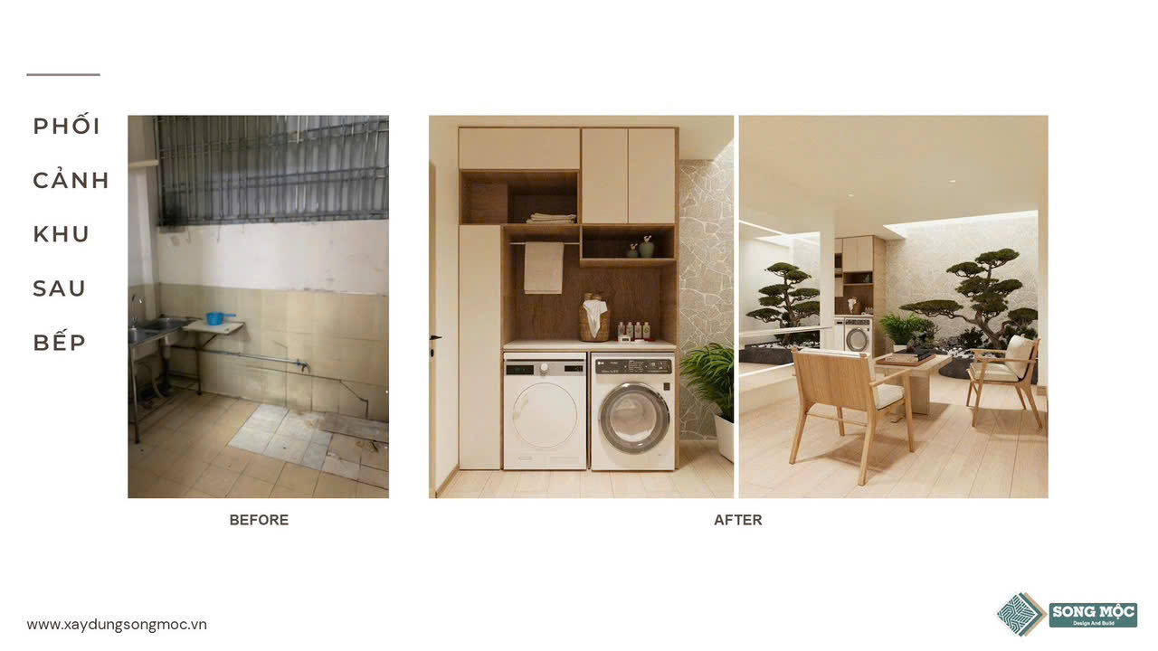 Phối cảnh khu vực sau bếp nhà chị Châu trước và sau sửa chữa