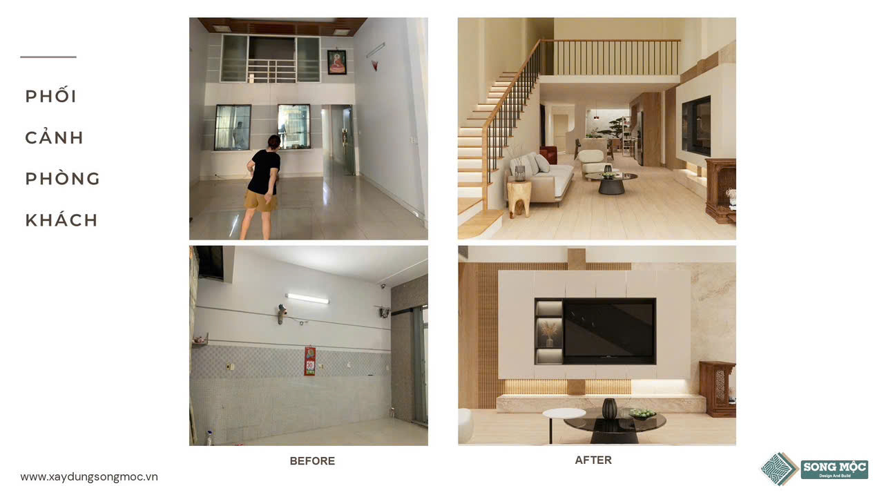 Phối cảnh phòng khách nhà chị Châu trước và sau sửa chữa